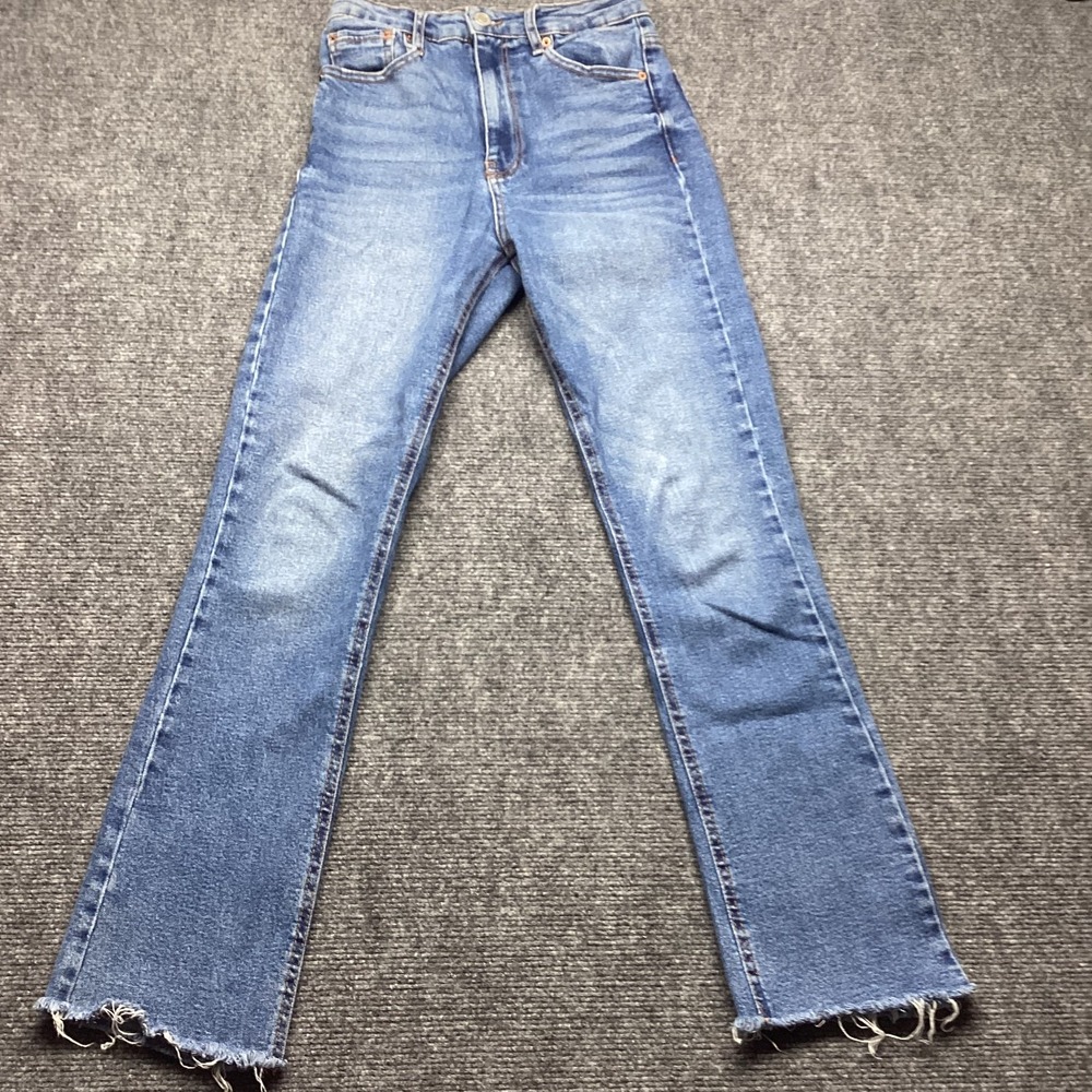 Stradivarius Jeans Womens 02 High Waisted Raw Frayed Hem Straight Leg Blue Denim